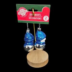 Christmas House Snowman Ornaments Blue Glitter Glass 2pc Set Holiday Decor